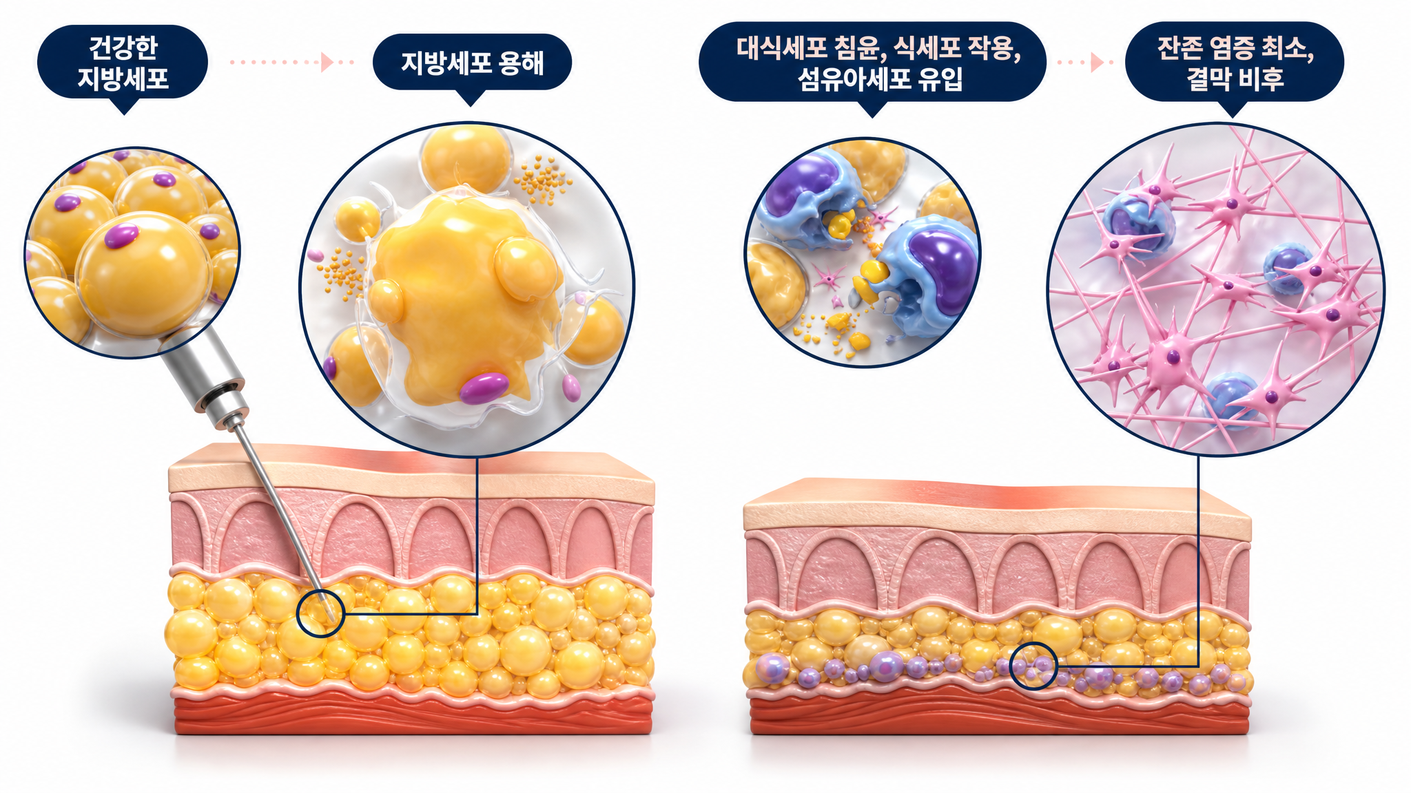 뉴비쥬 콜산 주사 작용 과정 - 턱밑 지방세포를 녹여 자연스럽게 정리하는 원리 인포그래픽