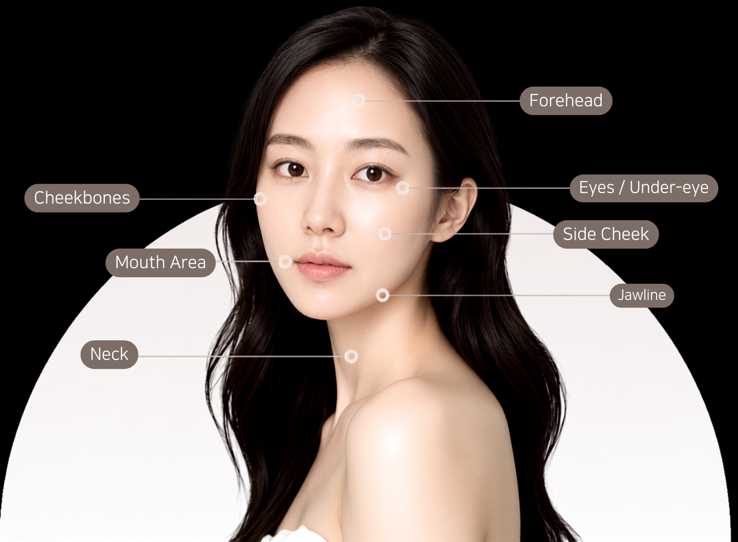 Fortra Quattro treatment areas — forehead, eye area, cheekbones, cheeks, jawline, mouth, neck