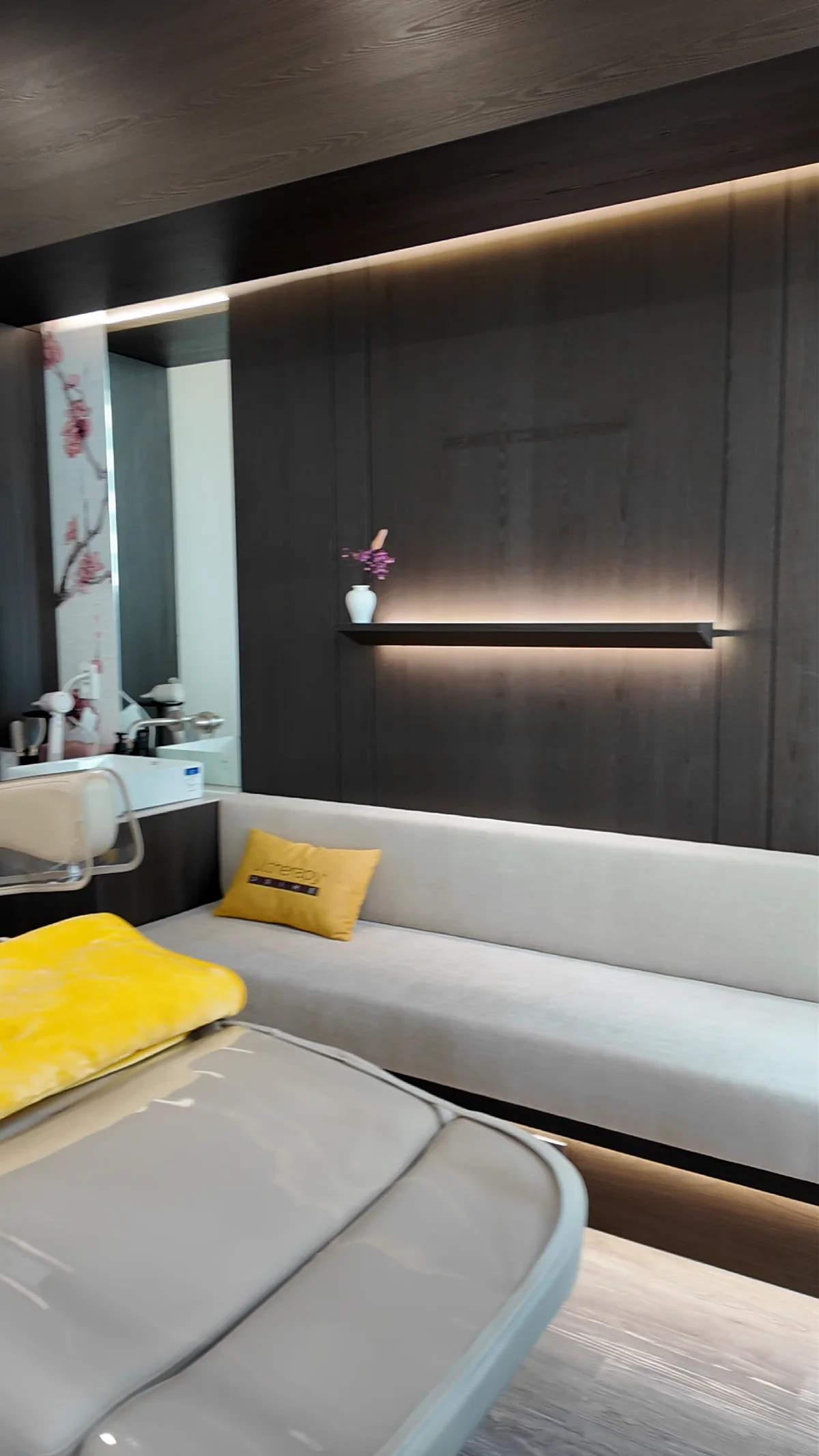 Treatment bed and wall lamp in a clinic room