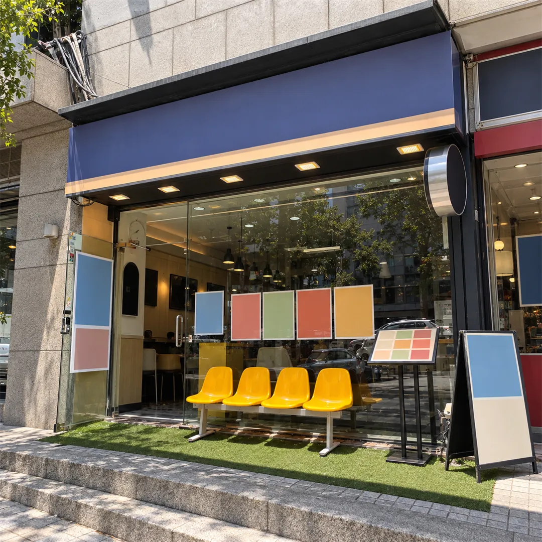 Glass-fronted shop with a navy sign, yellow chairs on artificial grass and stone steps