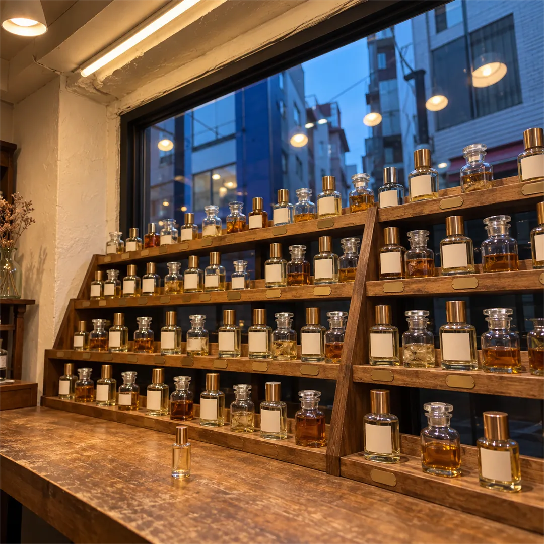 Wooden shelf under a window lined with bottles of fragrance ingredients