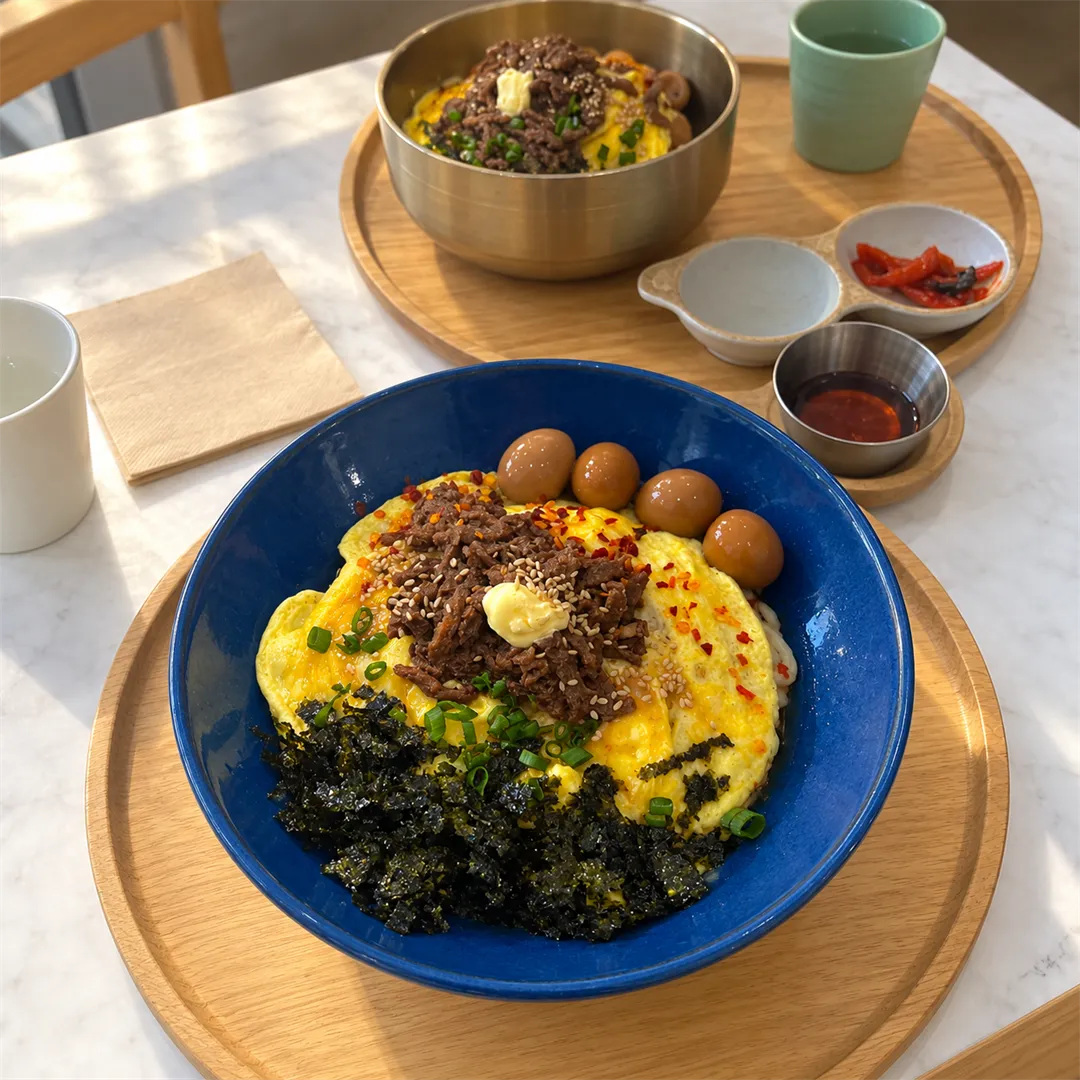 Blue bowl of braised beef rice with egg, quail eggs, butter and seaweed flakes next to a metal bowl