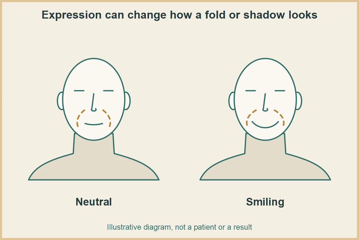 Illustrative line diagram of a generic face neutral and smiling, showing how expression can change a fold line; not a patient or a result