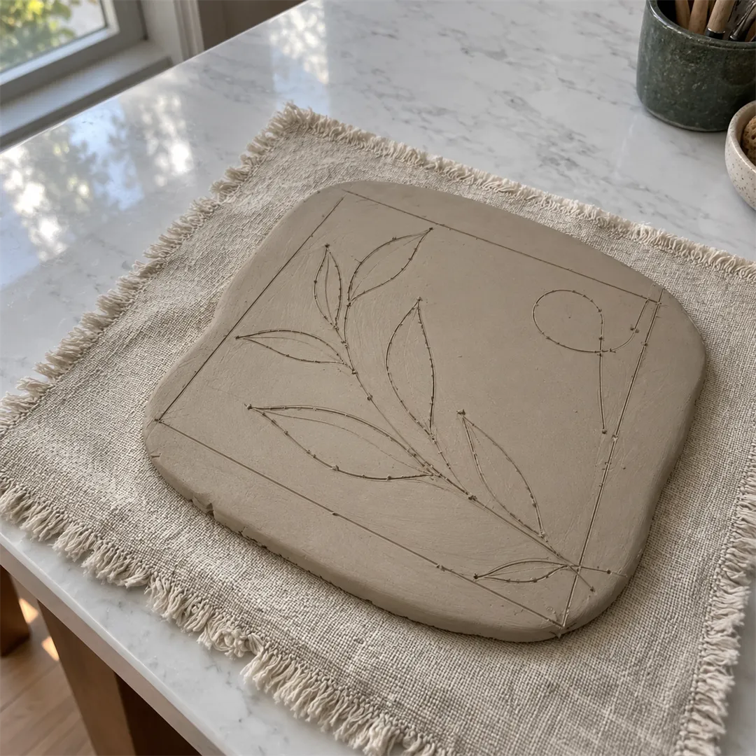 Beige clay slab on a cloth with a plant outline drawn on it