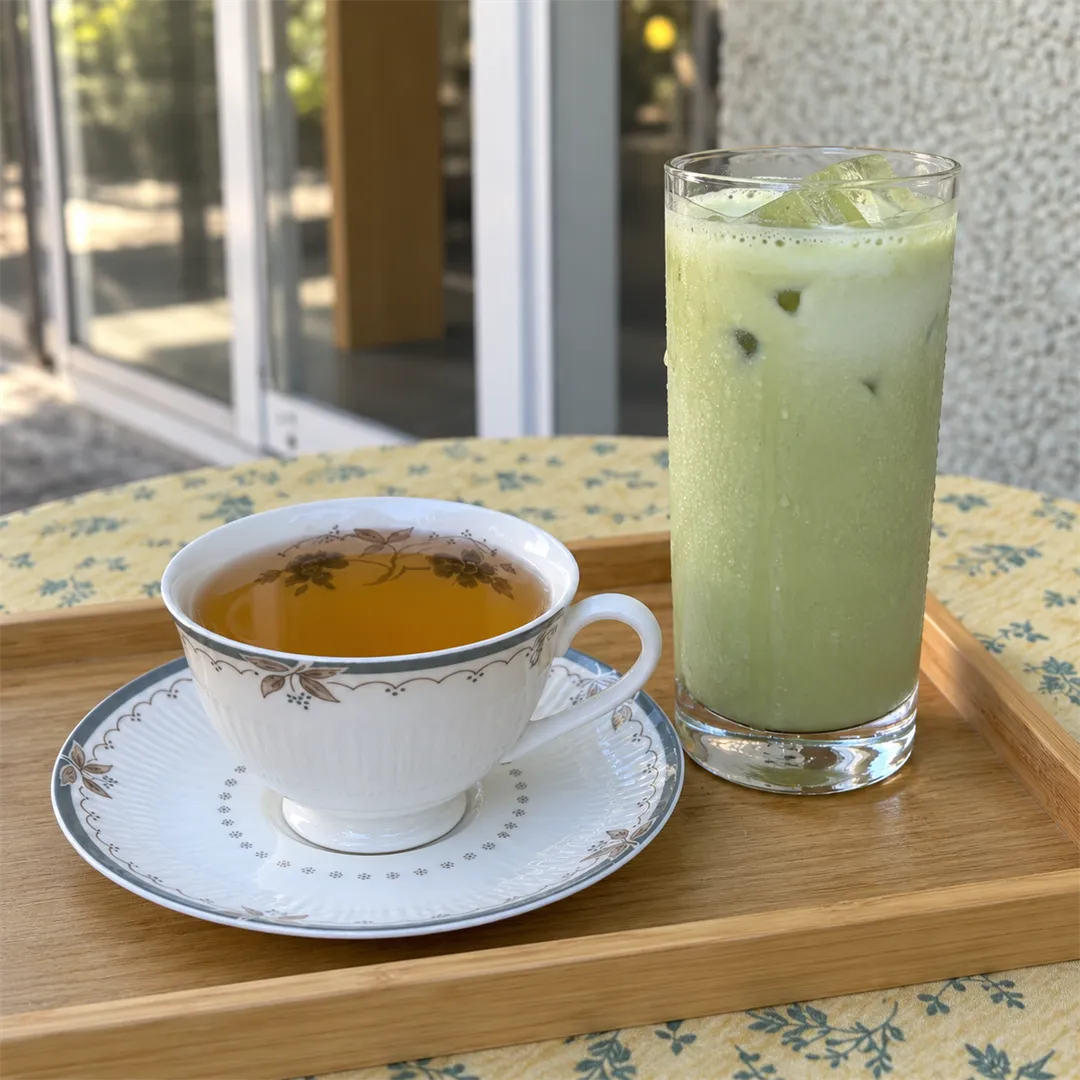 White teacup of golden tea and a tall glass of pale green iced drink