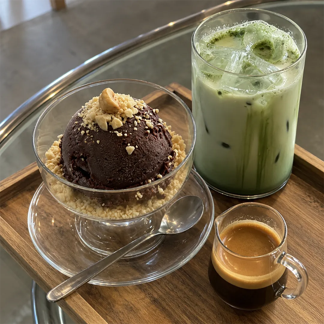 Glass with a dark brown scoop and crushed nuts next to a green iced drink and a small jug on a clear saucer