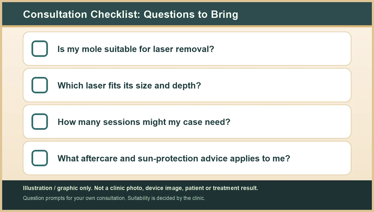 Graphic: consultation checklist of four questions to bring to a CO2 laser mole removal visit. Illustration only, not a clinic photo or result.