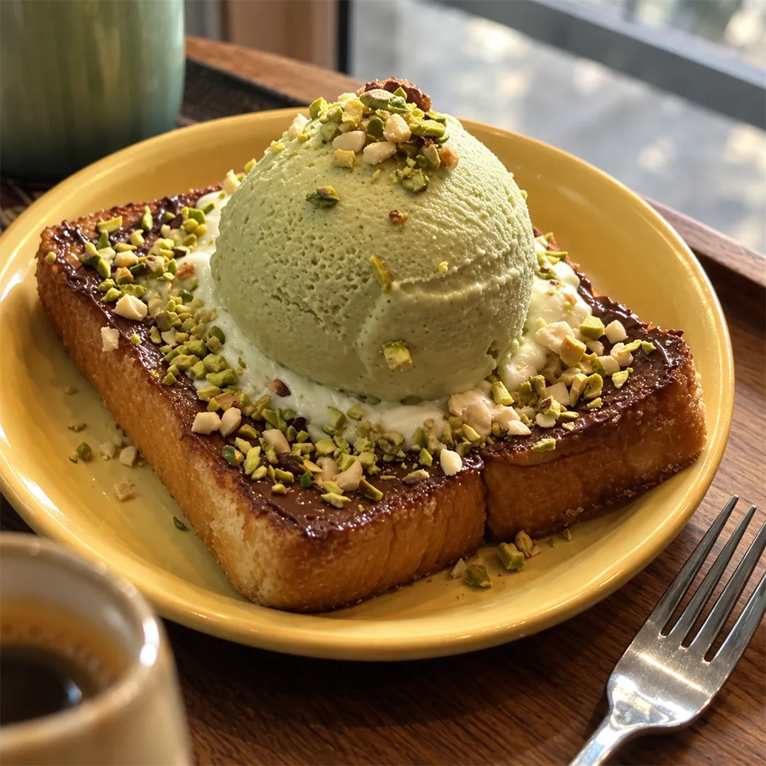 Close-up of thick toast with dark spread, white cream, chopped green nuts and a large pale green scoop on a yellow plate