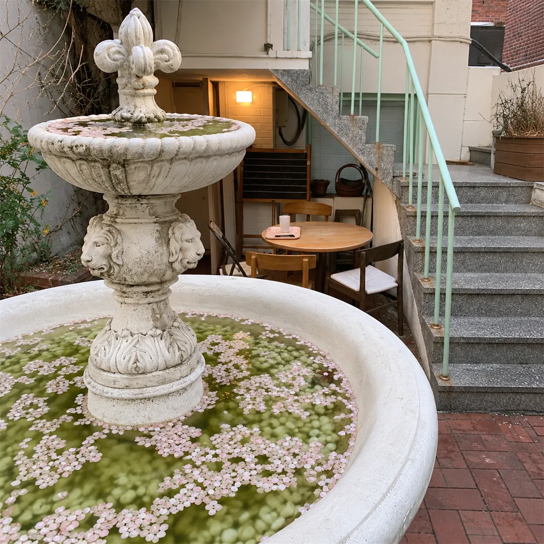 Old white two-tier fountain with lion-head carvings and pink petals in green water, with a mint railing and steps behind