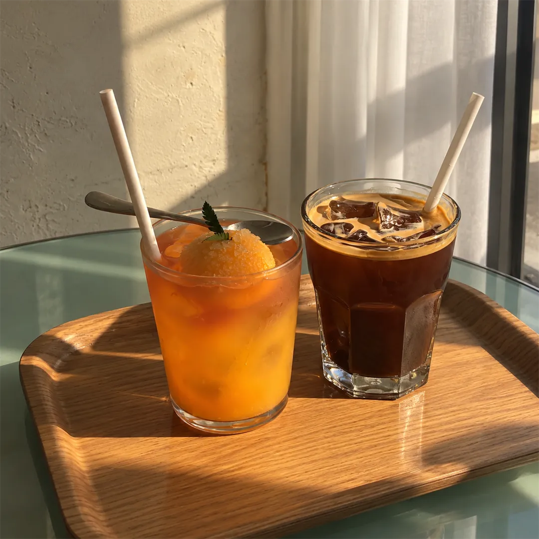 Two iced drinks on a window seat in soft natural light