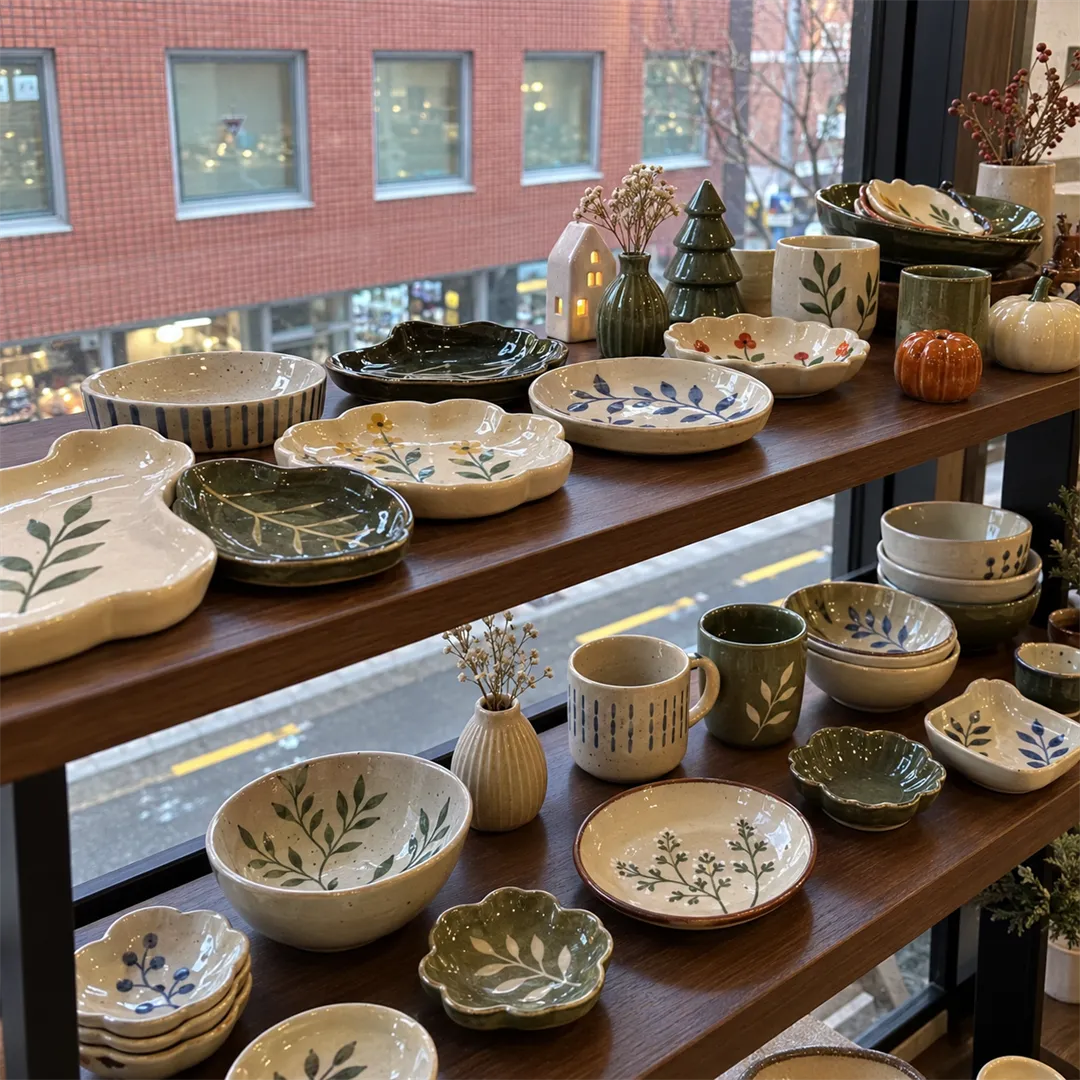 Wooden window shelf with plant-pattern plates, cups, bowls and seasonal pumpkin and tree pieces