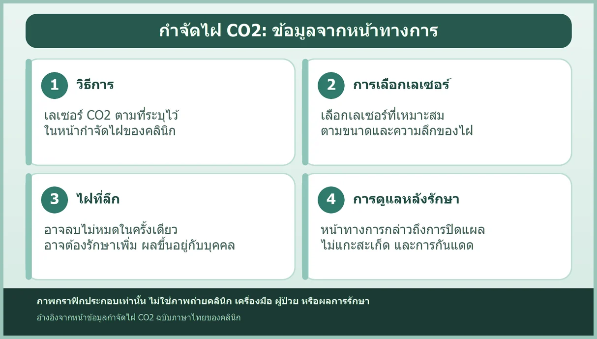 กราฟิกการ์ด 4 ช่อง สรุปประเด็นจากหน้ากำจัดไฝ CO2 ของคลินิก (วิธีการ การเลือกเลเซอร์ ไฝที่ลึก การดูแลหลังรักษา) เป็นภาพประกอบเท่านั้น ไม่ใช่ภาพถ่ายคลินิกหรือผลการรักษา