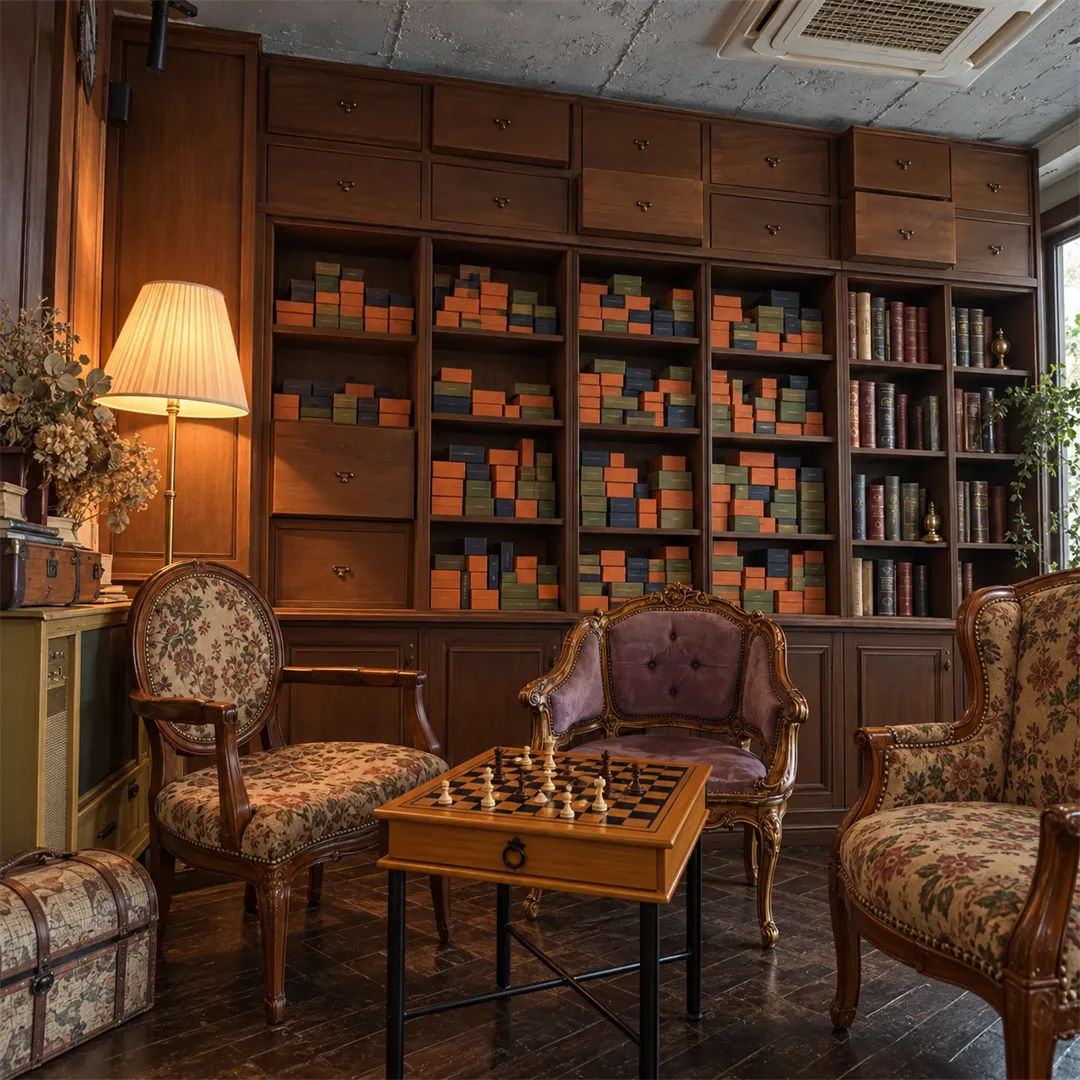 Study-style room with bookshelves, a chess table, a floral chair and a small sofa chair