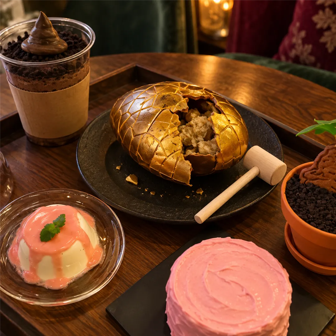 Cracked golden egg-shaped dessert on a black plate on a wooden table with a small white hammer beside it