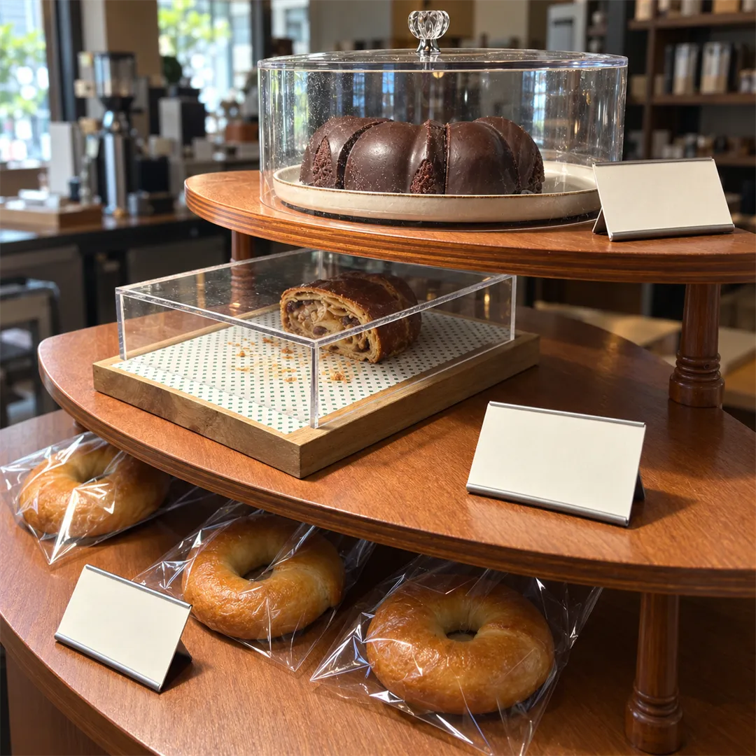 Three-tier wooden display with a chocolate ring cake, rolled bread in a clear box and wrapped round breads
