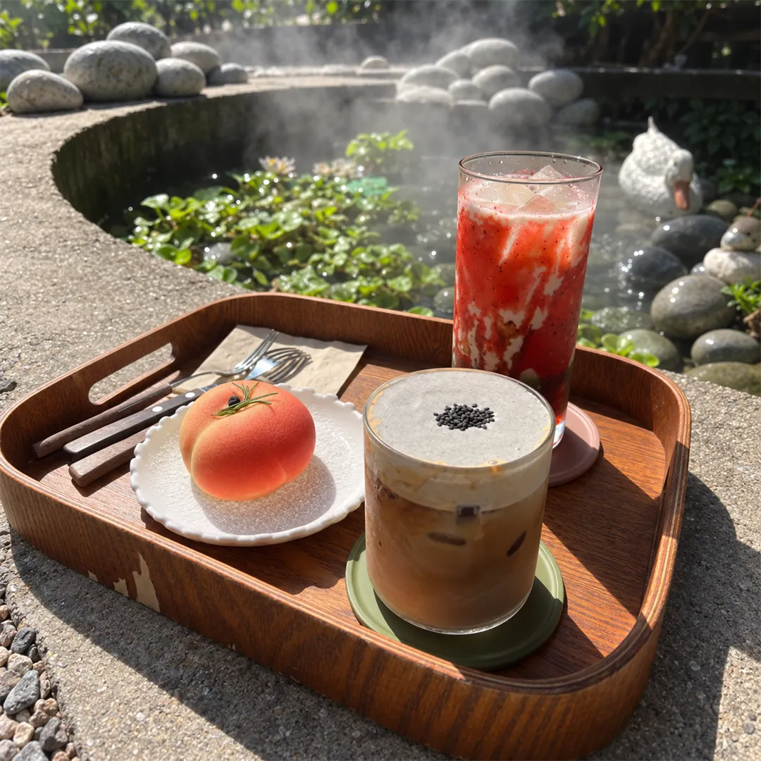 Wooden tray with a peach-shaped dessert and two drinks beside a misty pond