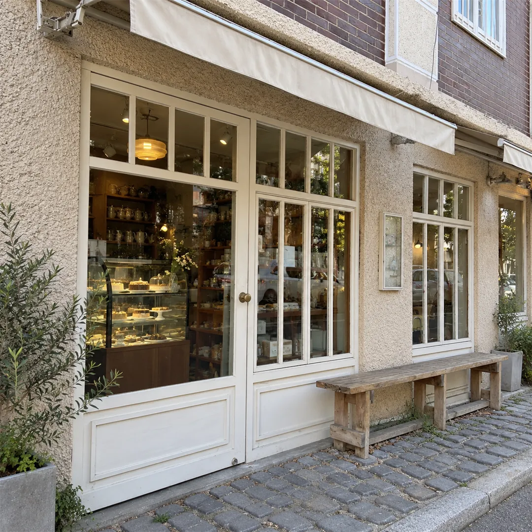 White lattice windows, a glass door and a wooden bench on the front of the building