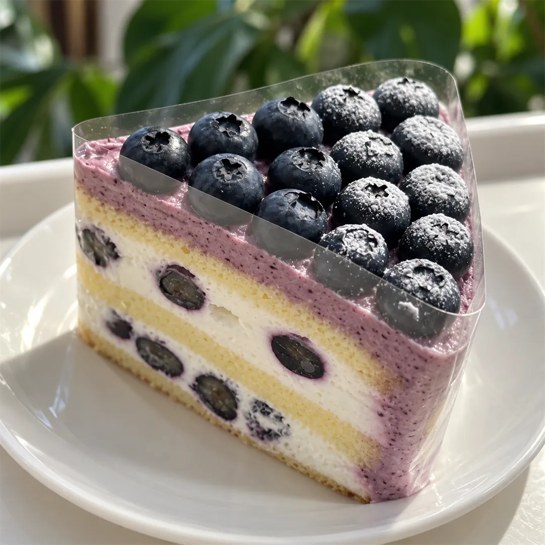 Purple mousse cake slice in clear film with blueberries on top and a yellow sponge layer
