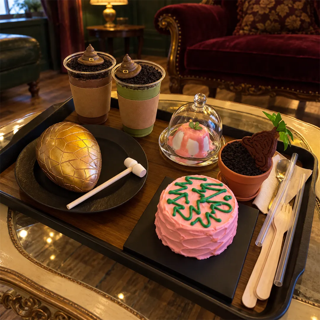 Tray with two drinks and several desserts including a golden egg-shaped dessert, a pot-shaped dessert and a pink cake