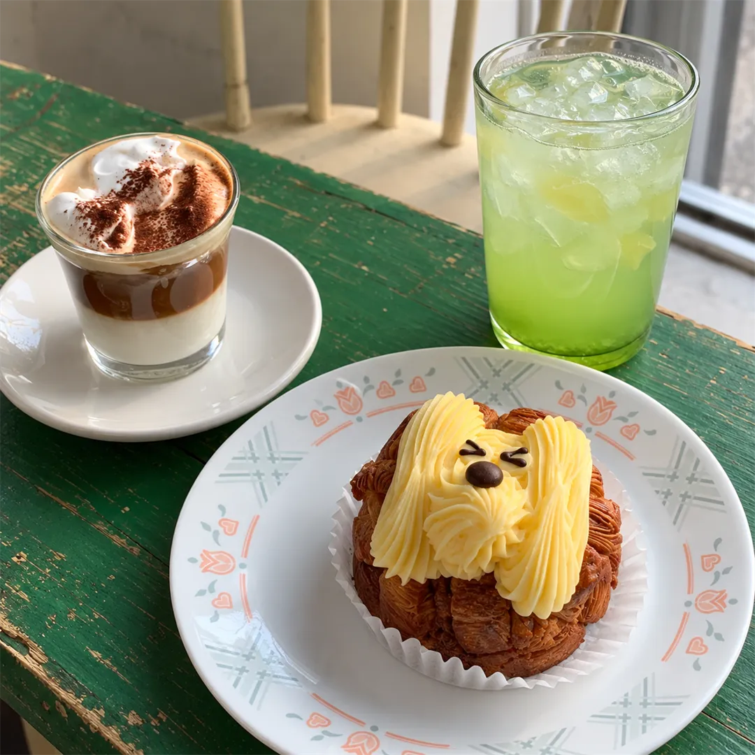 Green iced drink, a layered coffee topped with cream and cocoa, and a pastry decorated like a puppy face on a dark green table