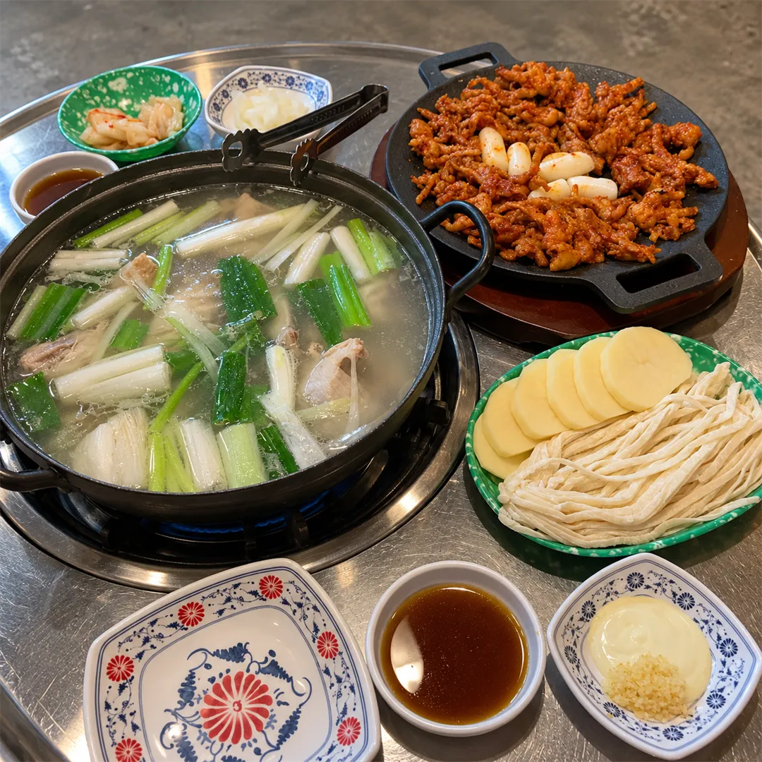 โต๊ะสแตนเลสทรงกลมที่มีหม้อไก่ต้มทั้งตัว กระทะผัดซอสแดง จานมันฝรั่งกับเส้น และถ้วยซอส