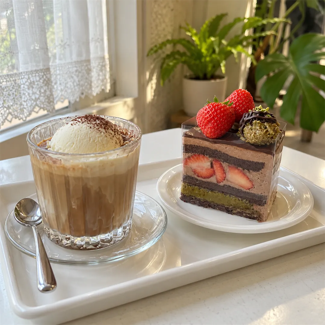 White tray with a ribbed glass of brown drink topped with an ice cream scoop and a layered cake slice with two strawberries