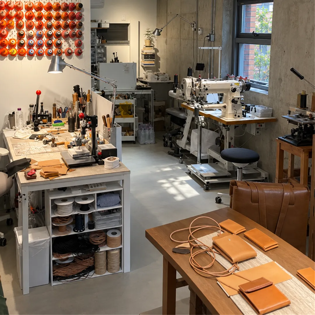 Sewing machine by a concrete wall window with leather pieces and brown wallets on the work table in front