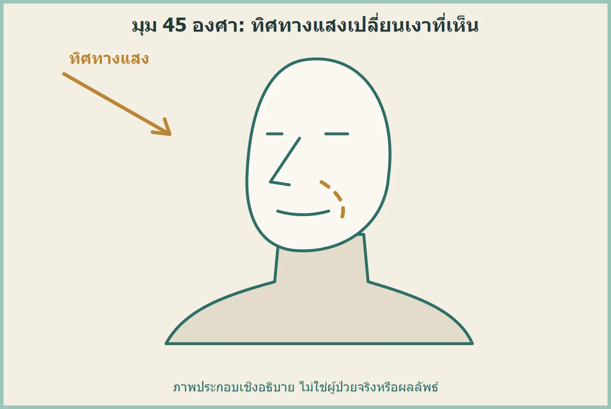 ภาพวาดประกอบรูปศีรษะมุมเฉียง 45 องศา มีลูกศรแสดงทิศทางแสง ไม่ใช่ผู้ป่วยจริง