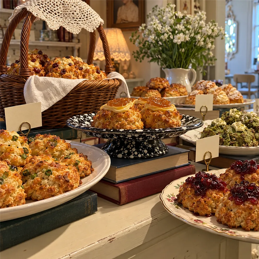 Cream-colored counter with a basket and plates of scones, a vase and a warm lamp behind