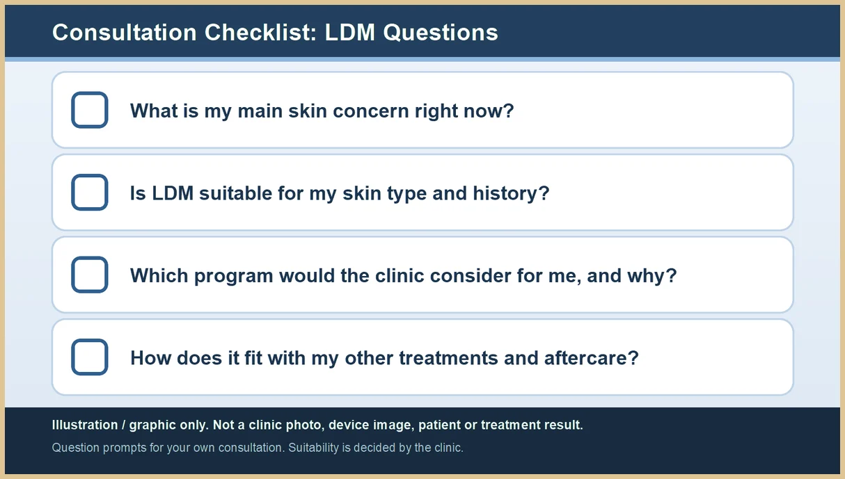 Graphic: consultation checklist of four questions to ask about LDM ultrasound skin care. Illustration only, not a clinic photo or result.