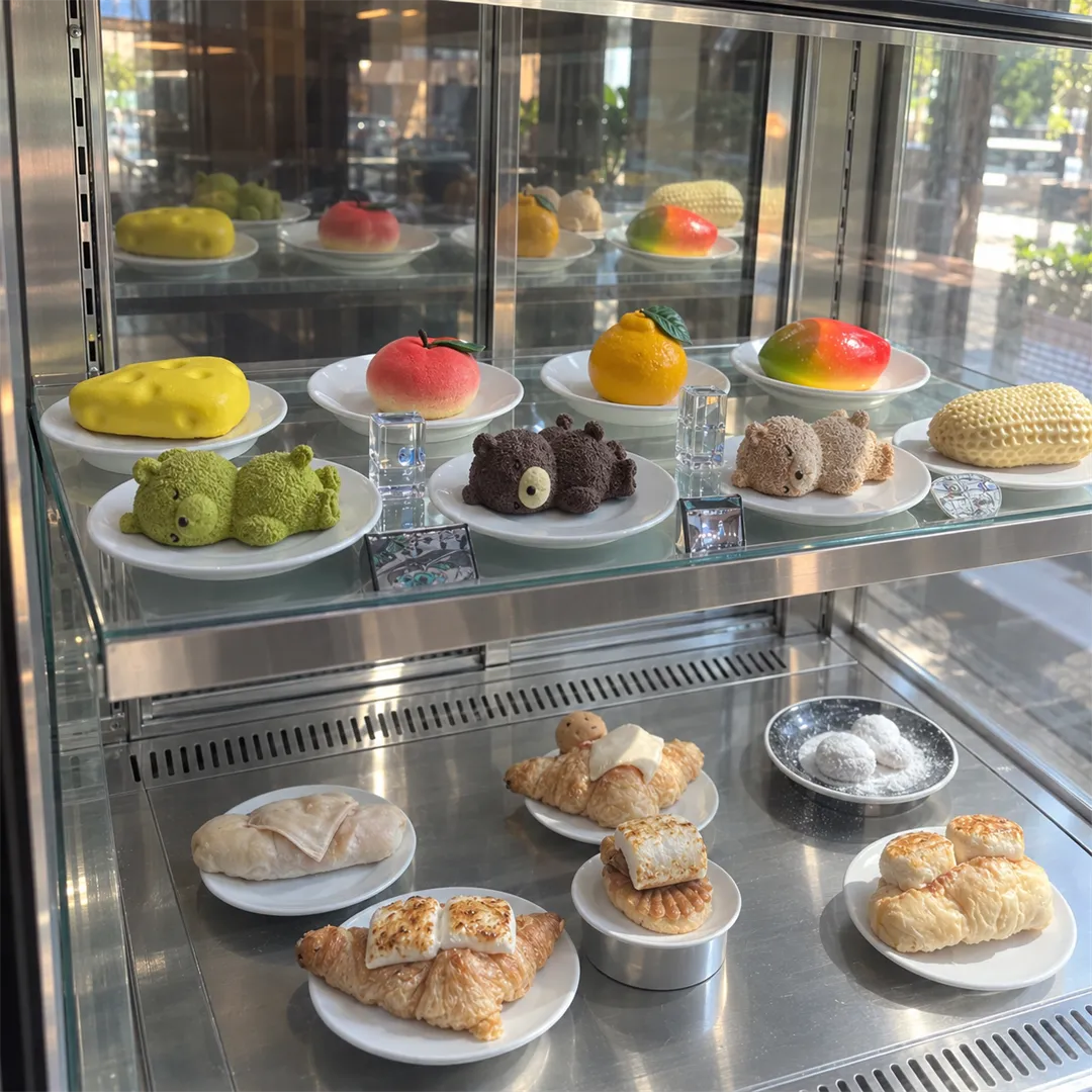 Dessert showcase with fruit, bear-shaped desserts and bread