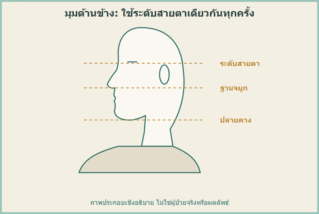 ภาพวาดประกอบรูปศีรษะด้านข้างแบบทั่วไป มีเส้นประบอกระดับสายตา ฐานจมูก และปลายคาง ไม่ใช่ผู้ป่วยจริง
