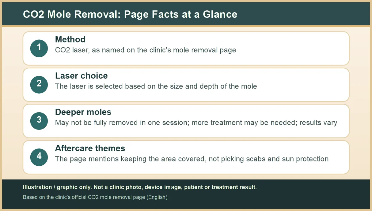 Graphic: four-item card summarizing points on the clinic’s CO2 mole removal page (method, laser choice, deeper moles, aftercare themes). Illustration only, not a clinic photo or result.