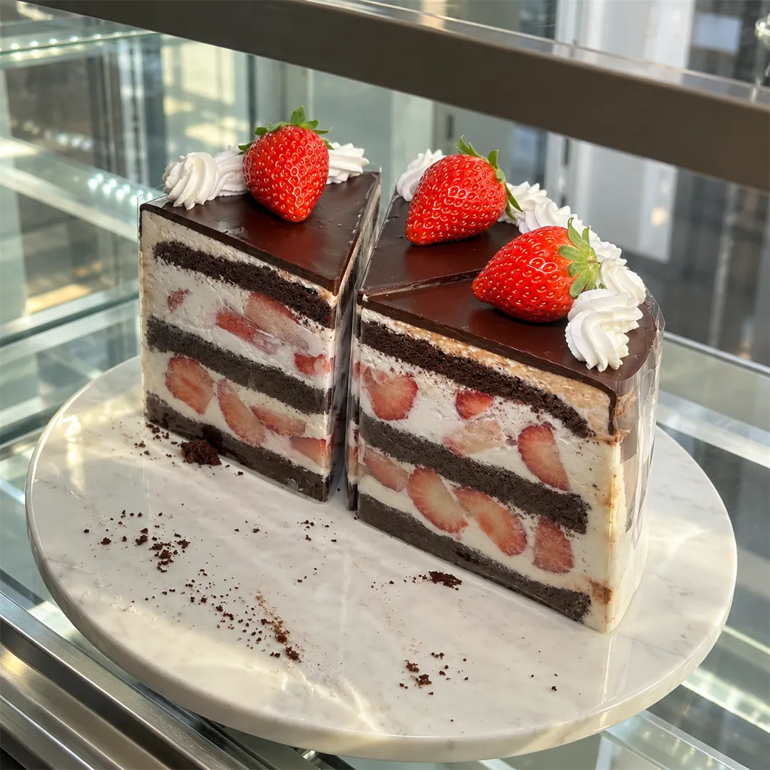Two chocolate-coated cake slices topped with strawberries and cream on a marble stand in a glass showcase