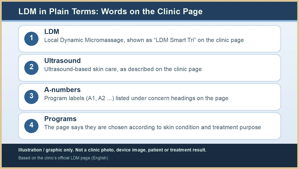 Graphic: four-item card explaining terms used on the clinic’s LDM page (LDM, ultrasound, A-numbers, programs). Illustration only, not a clinic photo or result.
