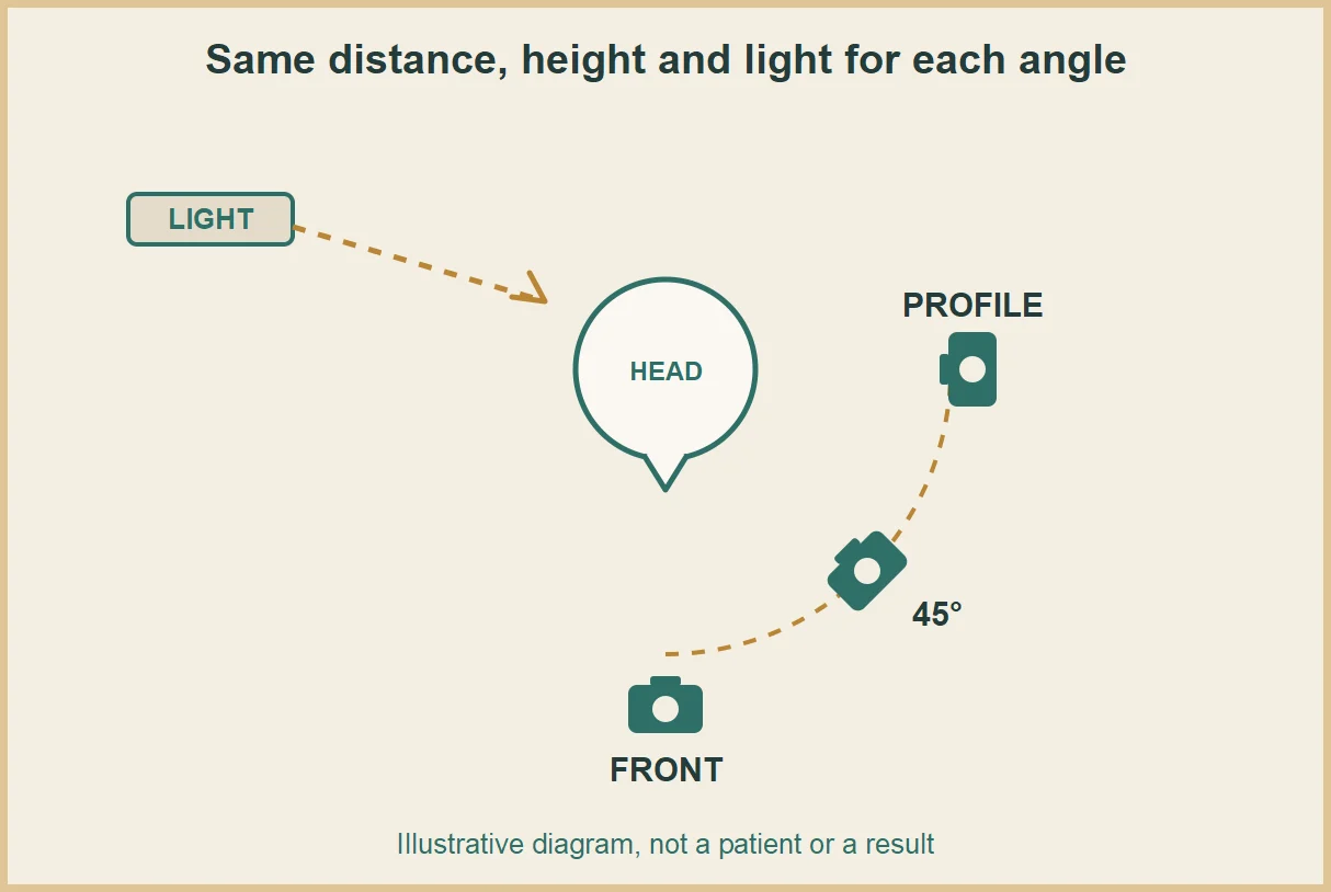 Illustrative top-down diagram of camera positions at front, 45 degrees and profile around a head with one light source; not a patient