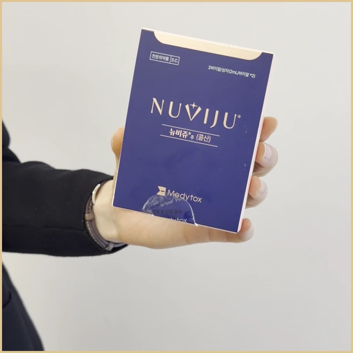A hand holding a dark blue carton printed with the NUVIJU name, Korean text and a Medytox logo