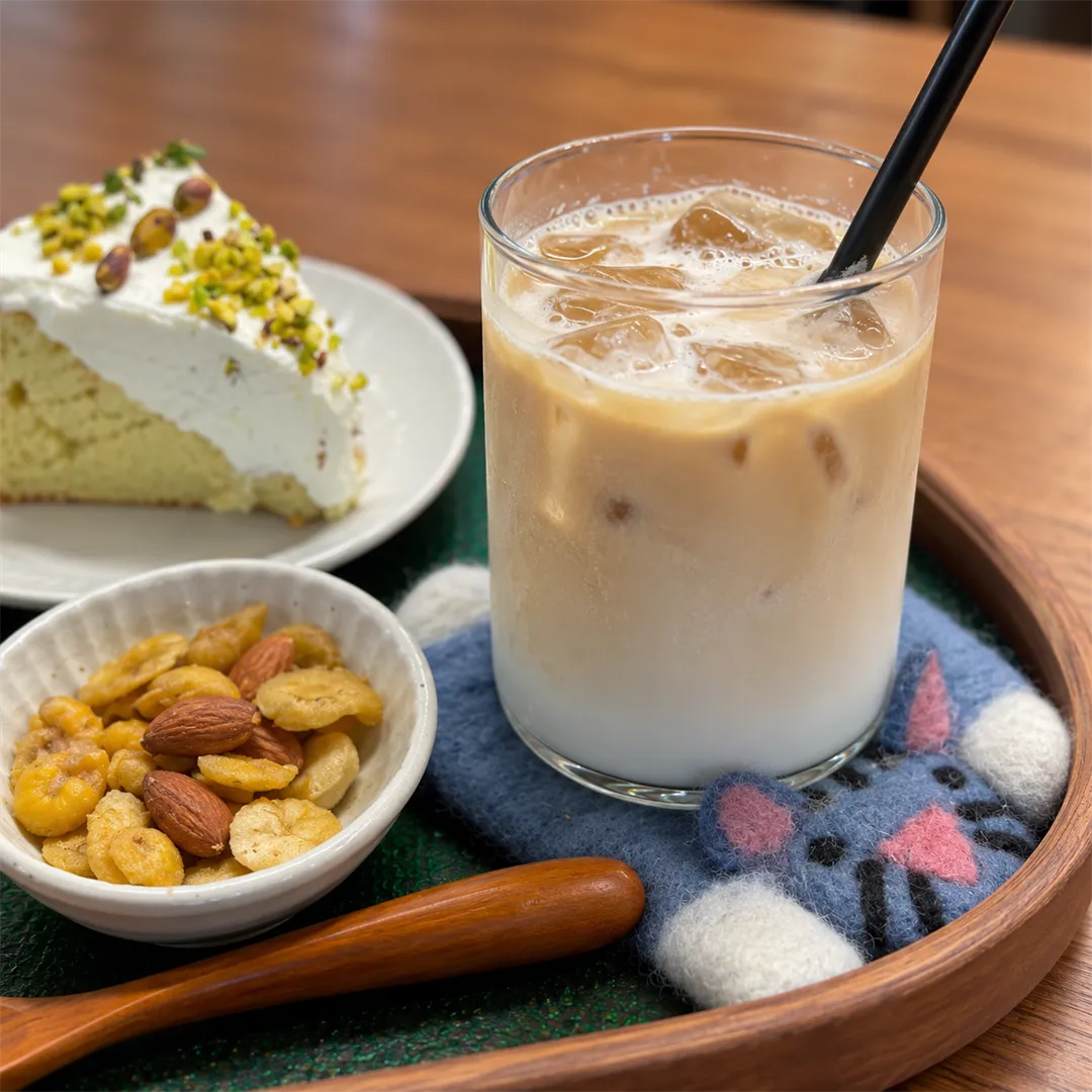 Iced latte with a black straw, a cake plate and a cat-shaped coaster