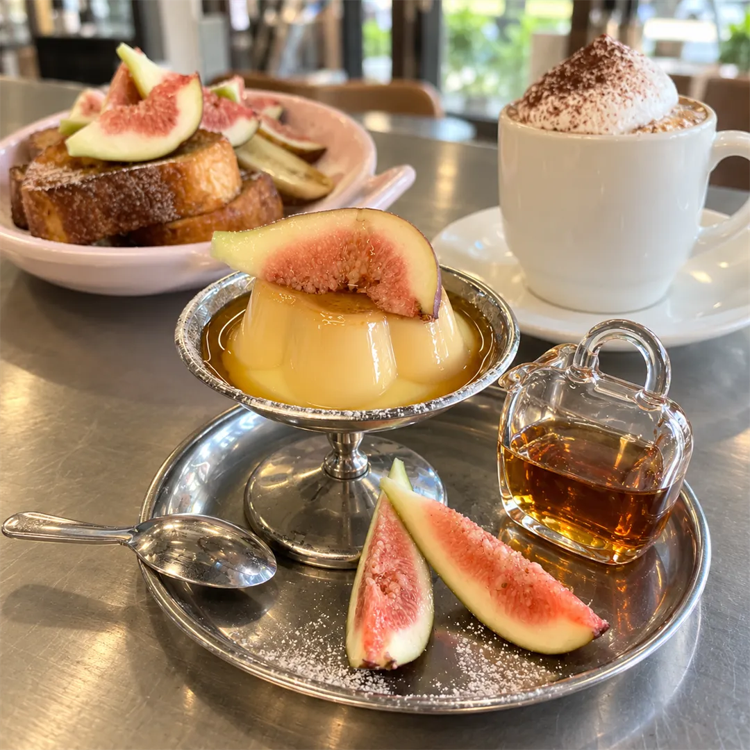พุดดิ้งท็อปมะเดื่อกับเหยือกแก้วใส่น้ำเชื่อมบนถาดโลหะ ด้านหลังเป็นเฟรนช์โทสต์และเครื่องดื่มที่มีครีม