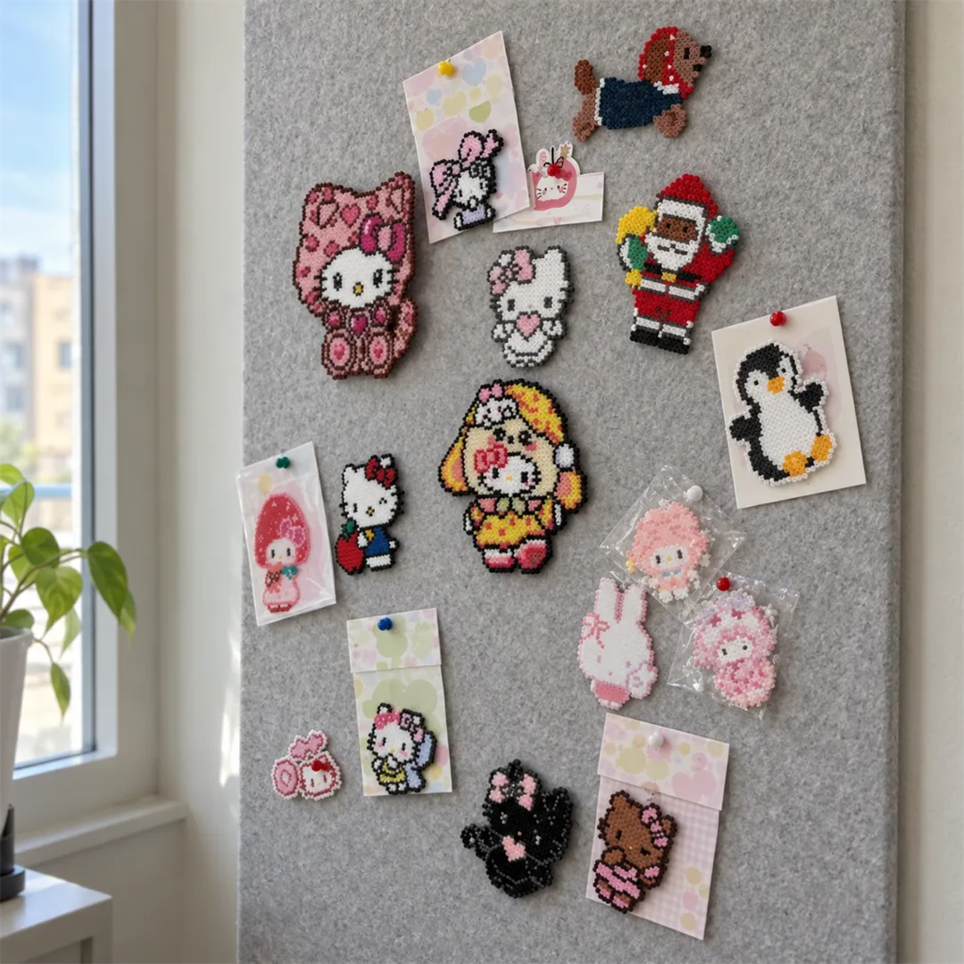 Grey felt wall with many small colorful pixel bead pieces held by push pins